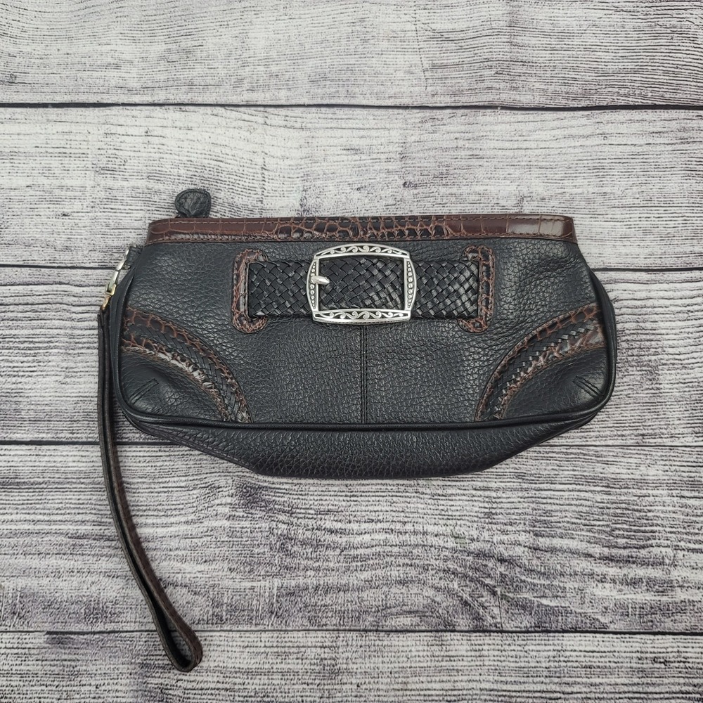 Brighton Black Brown Leather Buckle Clutch Wallet Organizer Logo Lining